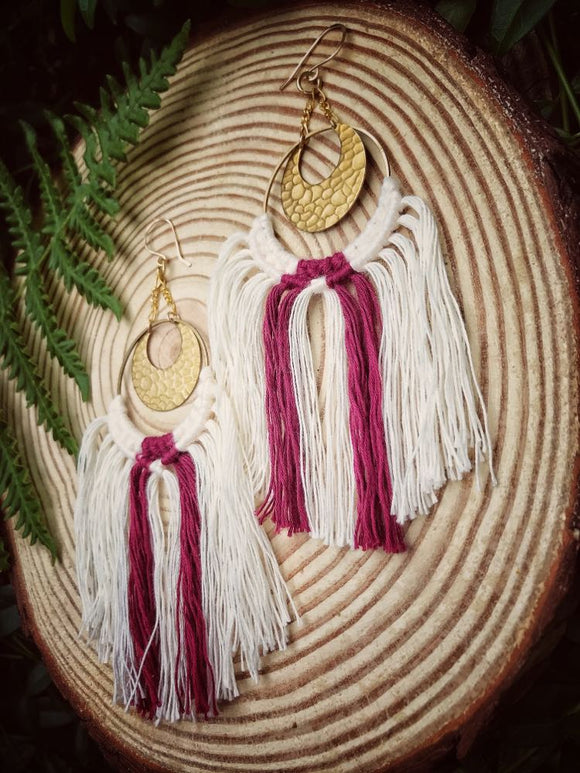 Crescent Moon Earrings - Moon White with Wine Red